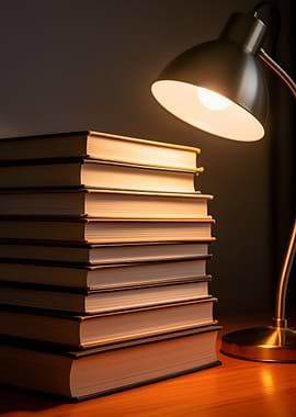 Stack of Books Under a Desk Lamp