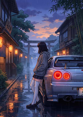 Anime Girl Car Gtr R34 Rain