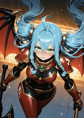 Anime Warrior with Blue Pigtails and Wings