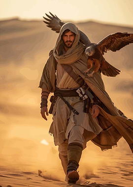 Man with Falcon in Desert