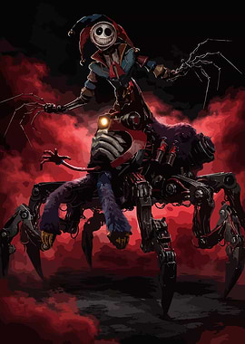 Creepy Jester Riding a Mechanical Spider