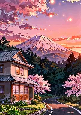 Japanese Landscape with Mount Fuji