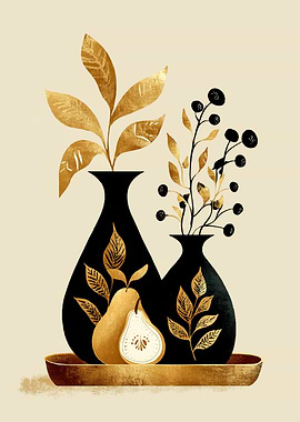 Golden botanical arrangement in black vases
