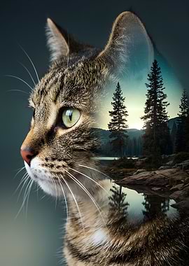 Cat and Forest Landscape Nature