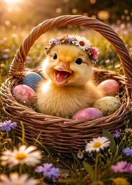 Cute Duckling in Easter Basket