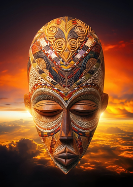 African Tribal Mask in Sunset Sky
