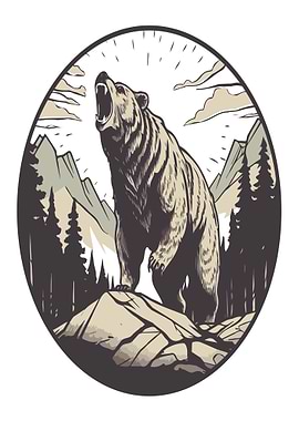Roaring Bear in Mountain Landscape