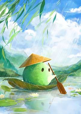 Cute Green Character in a Boat
