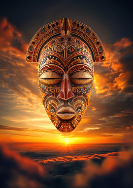 Tribal Mask Above Sunset Clouds