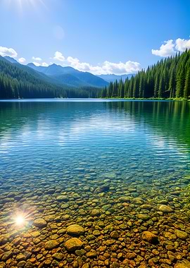 Crystal Clear Lake with Mountains and Forest