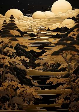 Golden Japanese Pagodas and Landscape