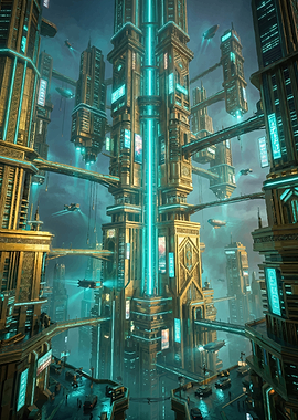 Futuristic Cityscape with Flying Vehicles