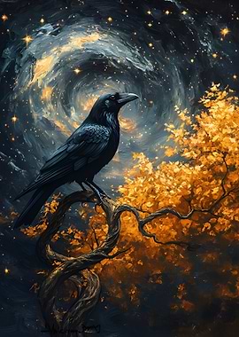 Raven on a Twisted Tree Under a Starry Sky