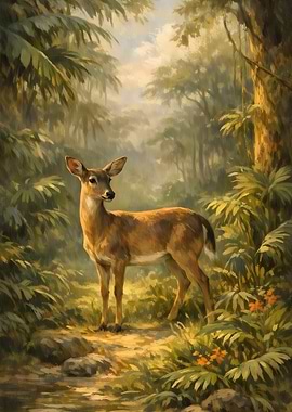Deer In A Lush Jungle Wildlife Painting
