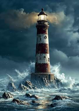 Red White Lighthouse Stormy Sea