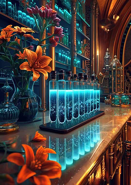 Alchemist's Lab with Glowing Potions