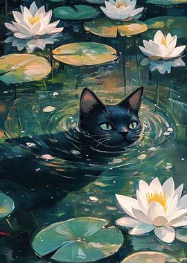 Black Cat in Water Lilies