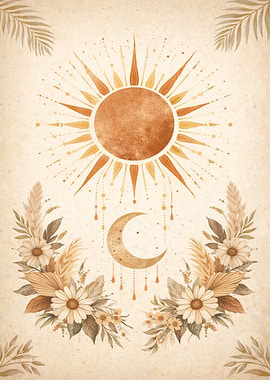 Bohemian Sun, Moon, and Floral Art