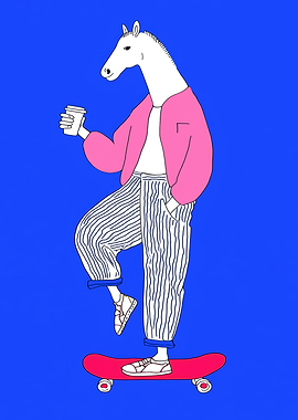Horse character on a skateboard with coffee