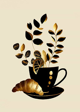 Golden Leaves in a Black Coffee Cup with Croissant