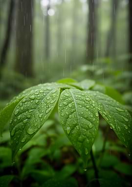 Raindrops on green leaves in a forest