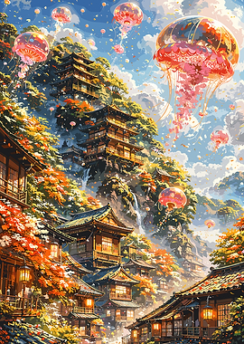 Enchanted Japanese Village with Jellyfish Lanterns