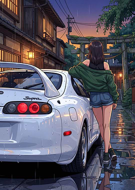 Anime Girl and Supra in the Rain