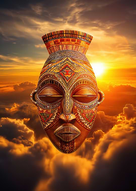 African Mask in Sunset Clouds