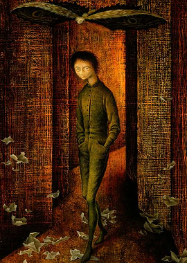 Remedios Varo Surreal painting of a boy and a moth