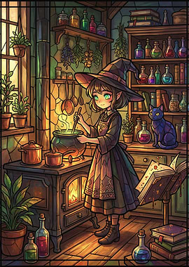 Witch Brewing Potion with Cat
