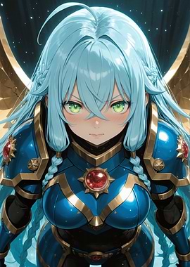 Anime Warrior with Blue Hair and Armor