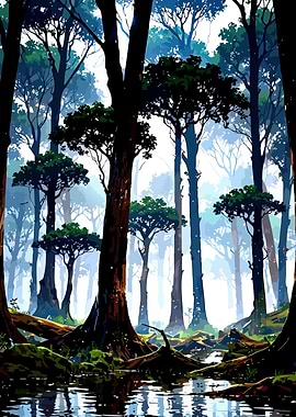 Misty Forest with Water Reflections