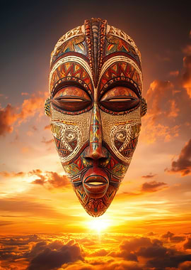 African Mask in Sunset Sky
