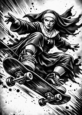 Rebellious Skateboarding Nun