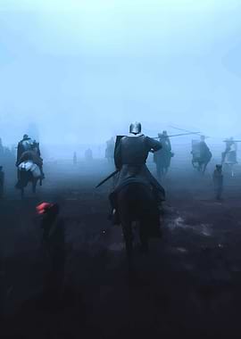 Knights on horseback in a misty battlefield