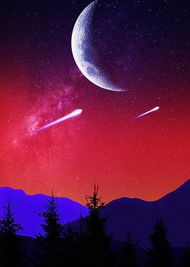 Night Sky with Moon and Shooting Stars