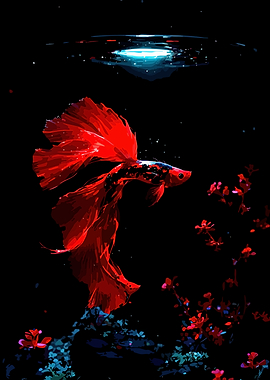 Red Betta Fish in Dark Water