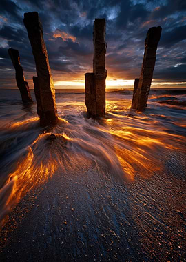 Dramatic Sunset Over Ocean with Stone Pillars