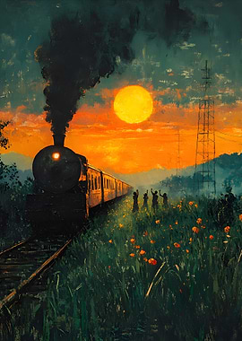 Train at Sunset with People Waving