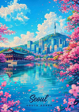Seoul Cityscape with Cherry Blossoms