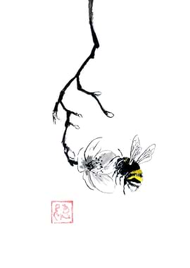 Bumblebee on a Cherry Blossom Branch