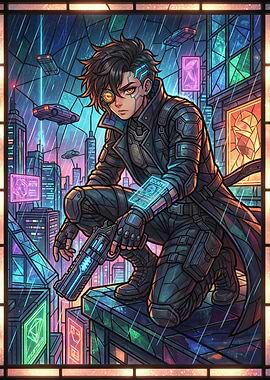 Cyberpunk character with gun in city