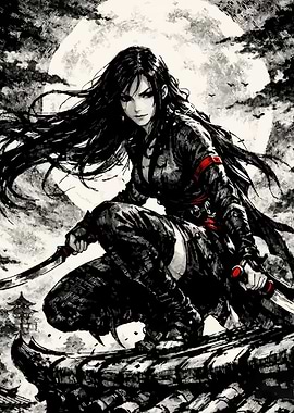 Samurai Woman with Swords Under Moon