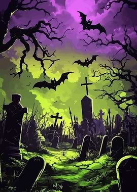 Spooky Halloween Cemetery with Bats