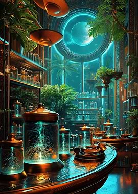 Steampunk Laboratory with Bioluminescent Plants