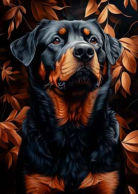 Rottweiler Portrait with Autumn Leaves