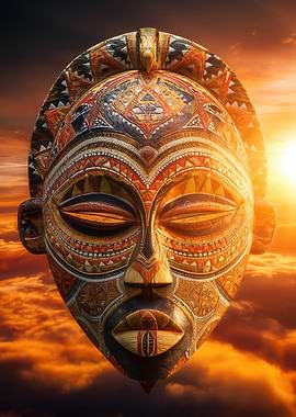 Tribal Mask in Sunset Sky