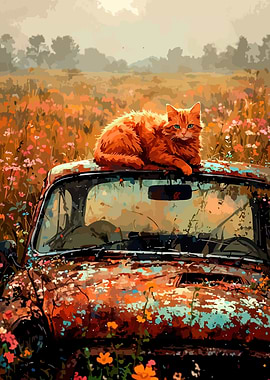 Orange Cat on Rusty Car in Field
