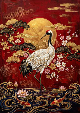 Japanese Crane and Koi Pond Painting