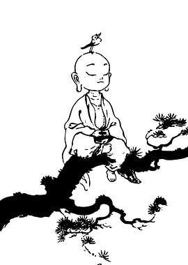 Monk Meditating on a Tree Branch with Bird